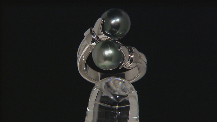 Cultured Tahitian Pearl Rhodium Over Sterling Silver Bypass Ring Video Thumbnail