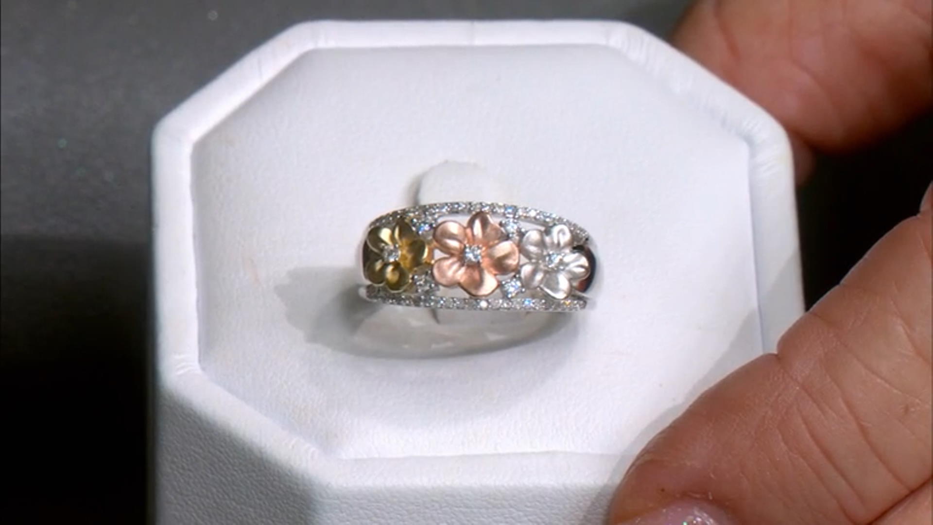 White Diamond Rhodium & 14K Yellow & Rose Gold Over Sterling Silver Flower Band Ring 0.25ctw Video Thumbnail