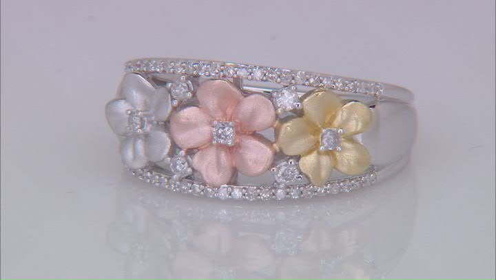 White Diamond Rhodium & 14K Yellow & Rose Gold Over Sterling Silver Flower Band Ring 0.25ctw Video Thumbnail