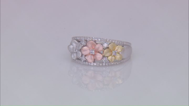 White Diamond Rhodium & 14K Yellow & Rose Gold Over Sterling Silver Flower Band Ring 0.25ctw Video Thumbnail