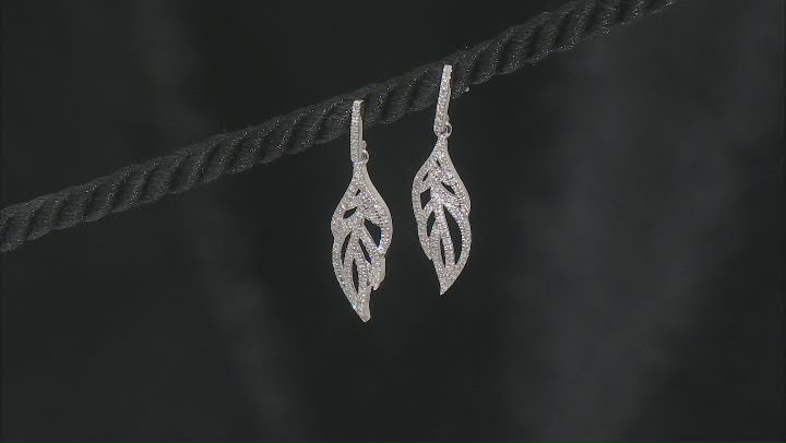 White Diamond Rhodium Over Sterling Silver Feather Dangle Earrings 0.25ctw Video Thumbnail
