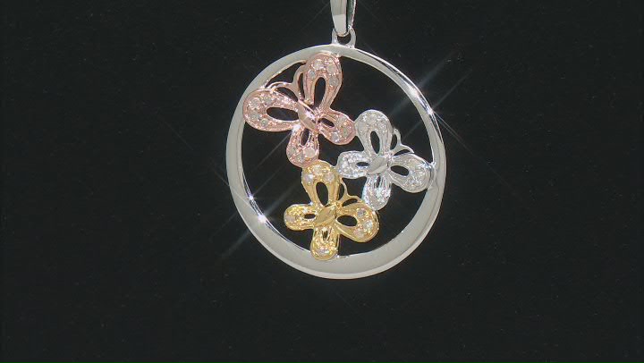White Diamond Rhodium And 14k Rose And Yellow Gold Over Sterling Silver Butterfly Pendant 0.20ctw Video Thumbnail