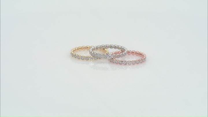 White Diamond Accent Rhodium And 18k Yellow And Rose Gold Over Sterling Silver Set Of 3 Rings Video Thumbnail