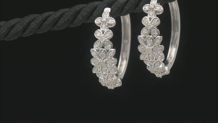 White Diamond Rhodium Over Sterling Silver Flower Hoop Earrings 0.50ctw Video Thumbnail