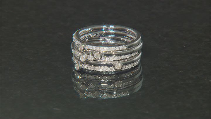 White Diamond Rhodium Over Sterling Silver Set of 5 Stackable Band Rings 0.40ctw Video Thumbnail