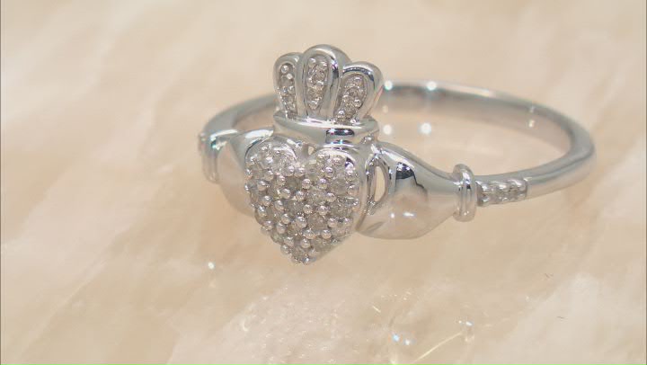 White Diamond Rhodium Over Sterling Silver Claddagh Ring 0.15ctw Video Thumbnail