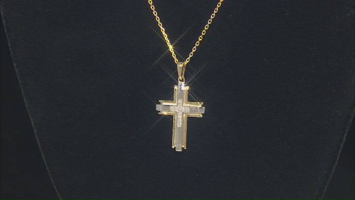 White Diamond Rhodium And 14k Yellow Gold Over Sterling Silver Mens Cross Pendant 0.10ctw Video Thumbnail