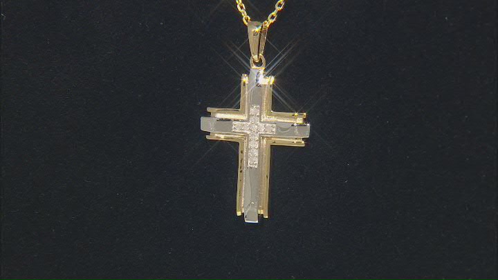 White Diamond Rhodium And 14k Yellow Gold Over Sterling Silver Mens Cross Pendant 0.10ctw Video Thumbnail