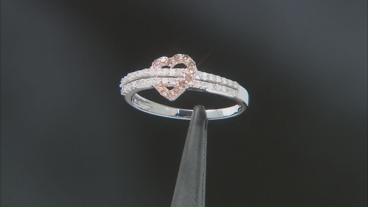 Champagne And White Diamond Rhodium Over Sterling Silver Heart Band Ring 0.28ctw