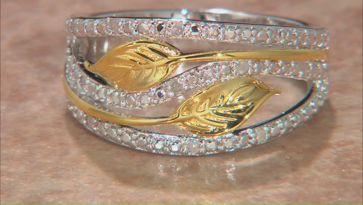 White Diamond Rhodium & 14k Yellow Gold Over Sterling Silver Open Design Leaf Ring 0.10ctw Video Thumbnail