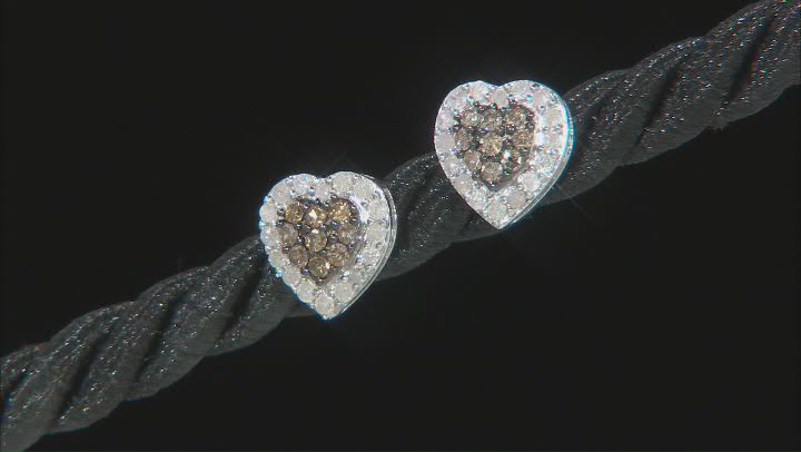 White And Champagne Diamond Rhodium Over Sterling Silver Heart Shaped Cluster Earrings 0.50ctw