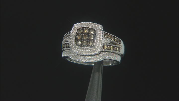 Champagne And White Diamond Platinum Over Sterling Silver Set of 2 Rings 0.70ctw Video Thumbnail