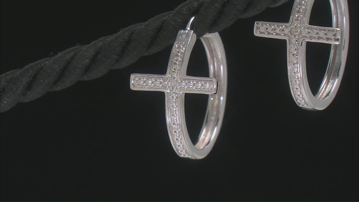 White Diamond Accent Rhodium Over Sterling Silver Cross Hoop Earrings Video Thumbnail