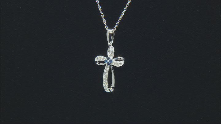 Blue Sapphire And White Diamond Rhodium Over Sterling Silver Cross Pendant With Rope Chain 0.15ctw Video Thumbnail