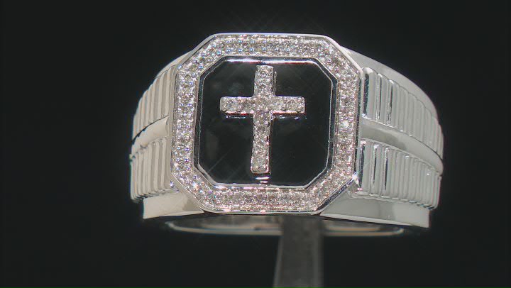 White Diamond And Black Enamel Rhodium Over Sterling Silver Mens Cross Ring 0.20ctw Video Thumbnail