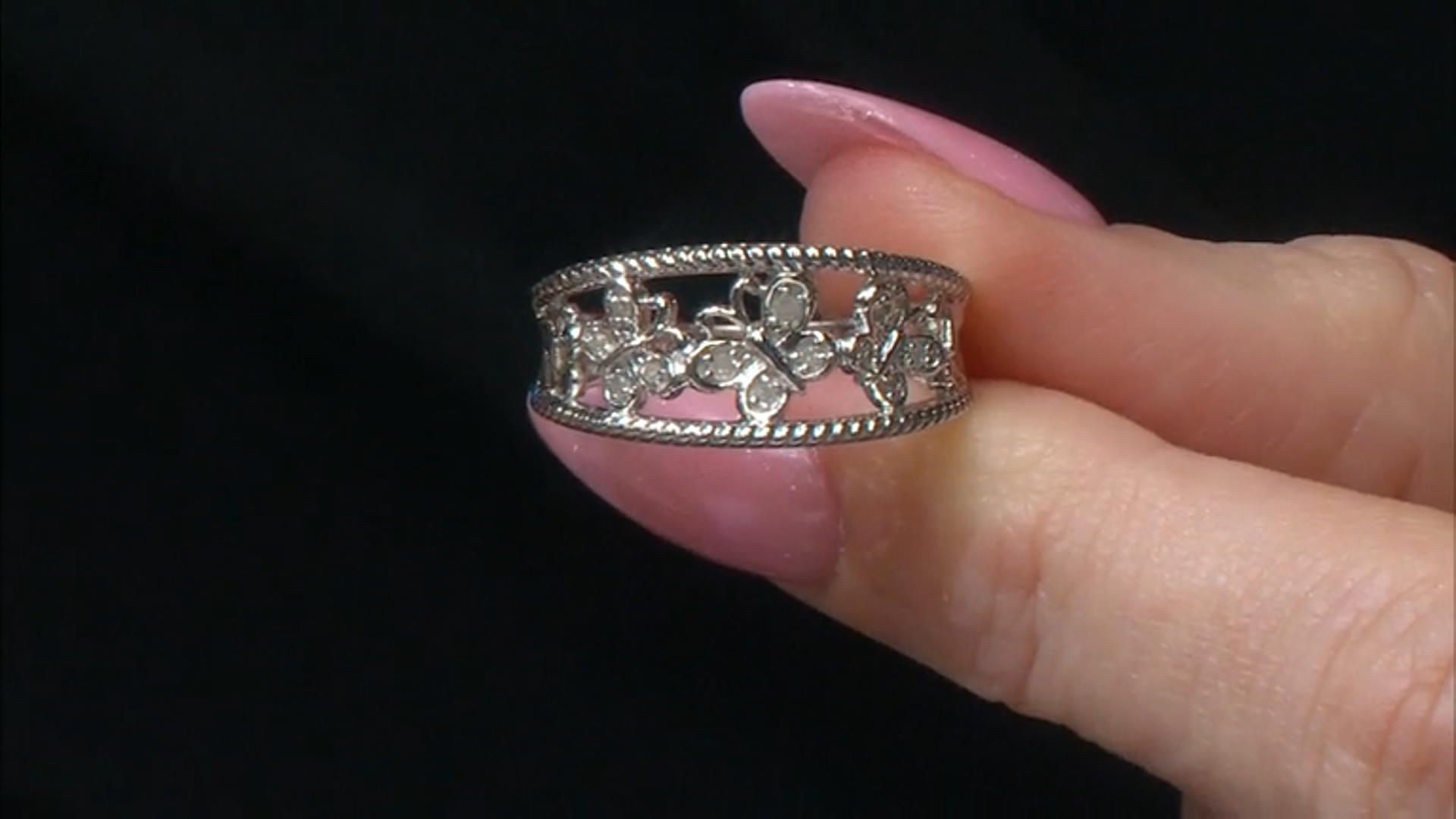 White Diamond Accent Rhodium Over Sterling Silver Butterfly Band Ring Video Thumbnail