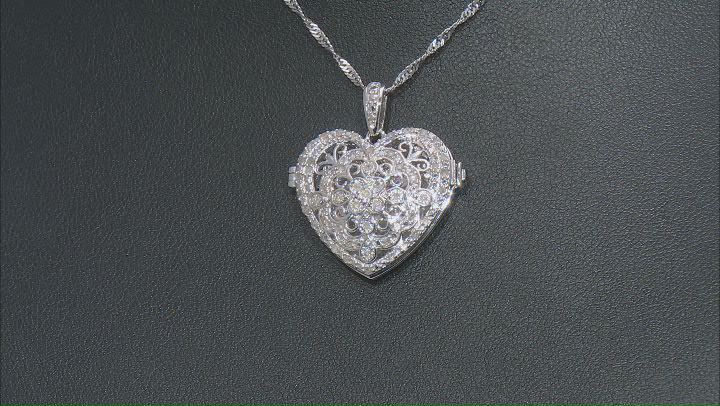 White Diamond Rhodium Over Sterling Silver Heart Locket Pendant With 18" Singapore Chain 0.45ctw Video Thumbnail
