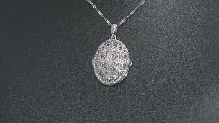 White Diamond Rhodium Over Sterling Silver Oval Locket Pendant With 18" Singapore Chain 0.45ctw Video Thumbnail