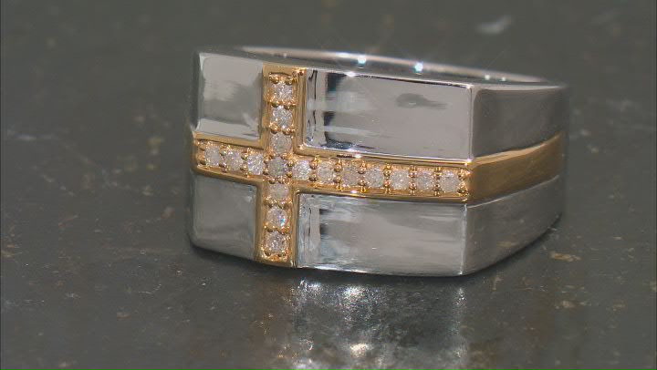 Diamond Rhodium & 14K Yellow Gold Over Sterling Silver Cross Mens Ring 0.20ctw Video Thumbnail
