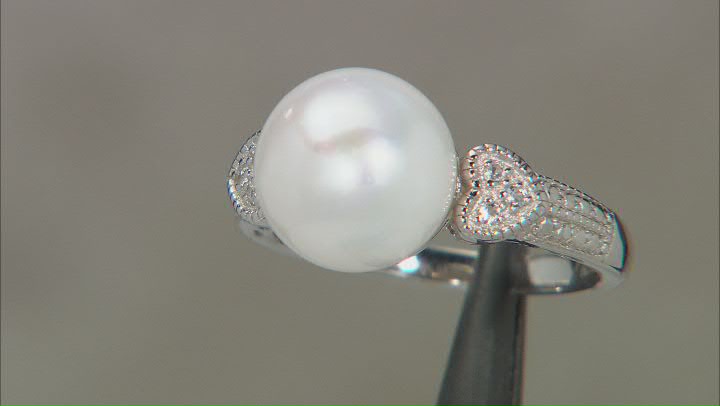 11-12mm Cultured Freshwater Grande Pearl And White Topaz Sterling Silver Heart Design Ring Video Thumbnail