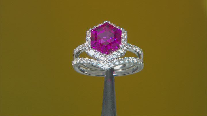Pink Lab Created Sapphire Rhodium Over Sterling Silver Ring Set 3.89ctw Video Thumbnail