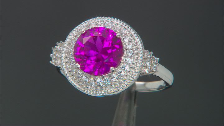 Pink Lab Created Sapphire Rhodium Over Sterling Silver Halo Ring 2.70ctw Video Thumbnail