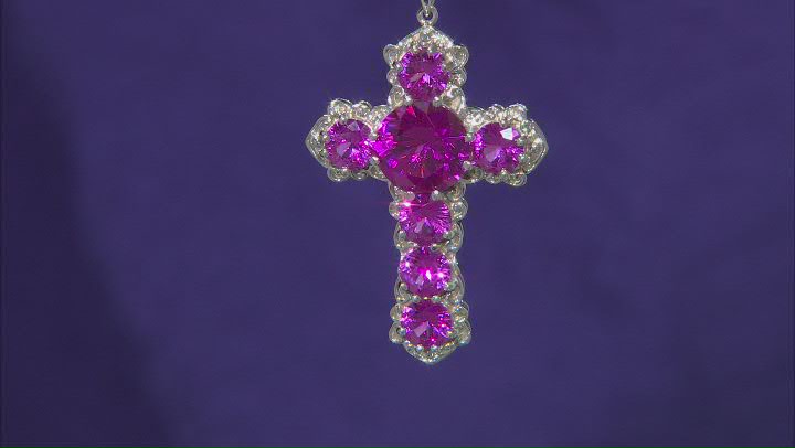 Pink Lab Created Sapphire Rhodium Over Sterling Silver Cross Pendant With Chain 10.47ctw Video Thumbnail
