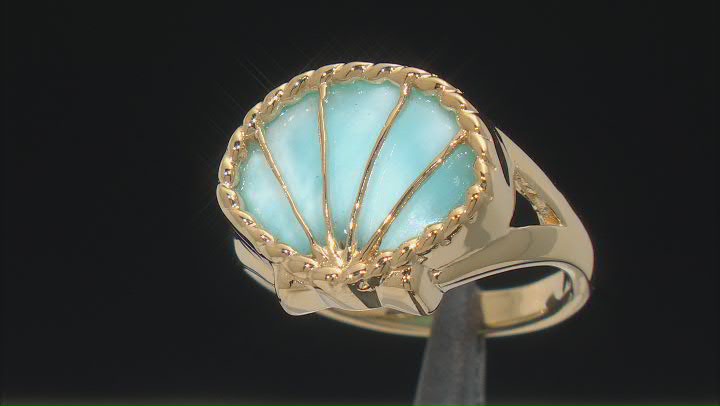 Blue Larimar 18k Yellow Gold Over Sterling Silver Solitaire Sea Shell Ring Video Thumbnail