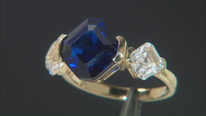 Blue Lab Created Spinel 18k Yellow Gold Over Sterling Silver 3-Stone Ring Video Thumbnail