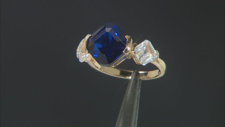 Blue Lab Created Spinel 18k Yellow Gold Over Sterling Silver 3-Stone Ring Video Thumbnail