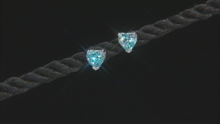 Blue Zircon Rhodium Over Sterling Silver Heart Shaped Stud Earrings 1.11ctw Video Thumbnail