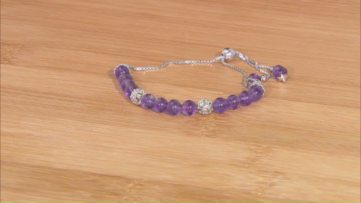 Round Amethyst Rhodium Over Sterling Silver Beaded Bolo Bracelet 5.5mm Video Thumbnail