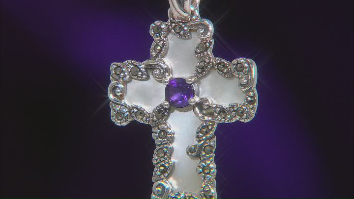 White Mother Of Pearl Rhodium Over Silver Cross Pendant With Chain 0.22ctw Video Thumbnail
