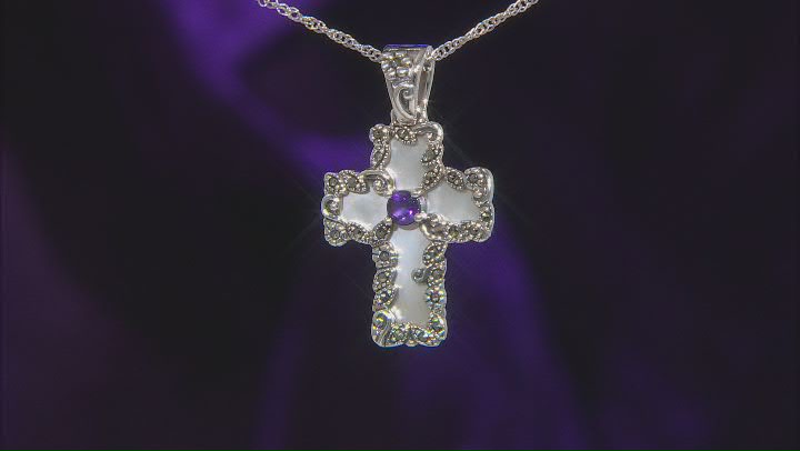 White Mother Of Pearl Rhodium Over Silver Cross Pendant With Chain 0.22ctw Video Thumbnail