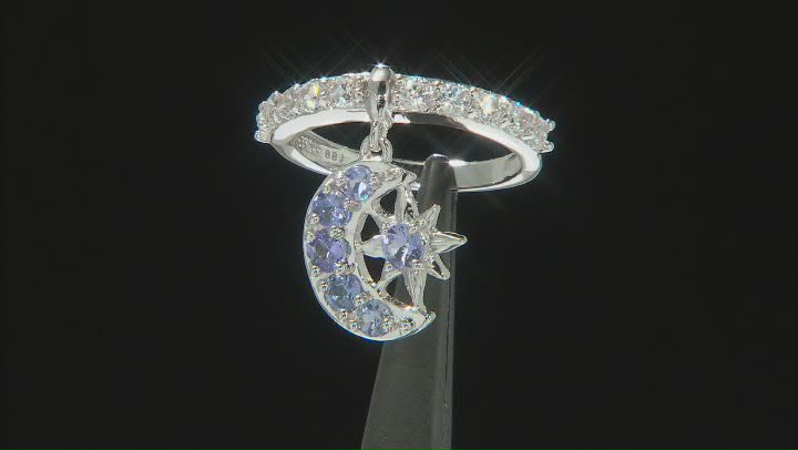 Blue Tanzanite Rhodium Over Silver Moon And Star Charm Ring 1.46ctw Video Thumbnail