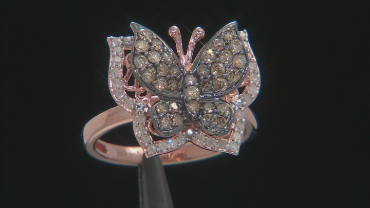Champagne And White Diamond 14k Rose Gold Over Sterling Silver Butterfly Ring 0.75ctw Video Thumbnail