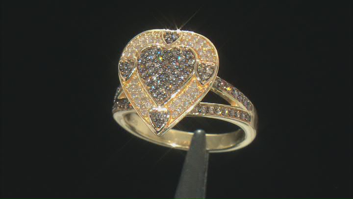 Champagne And White Diamond 14K Yellow Gold Over Sterling Silver Heart Cluster Ring 0.55ctw