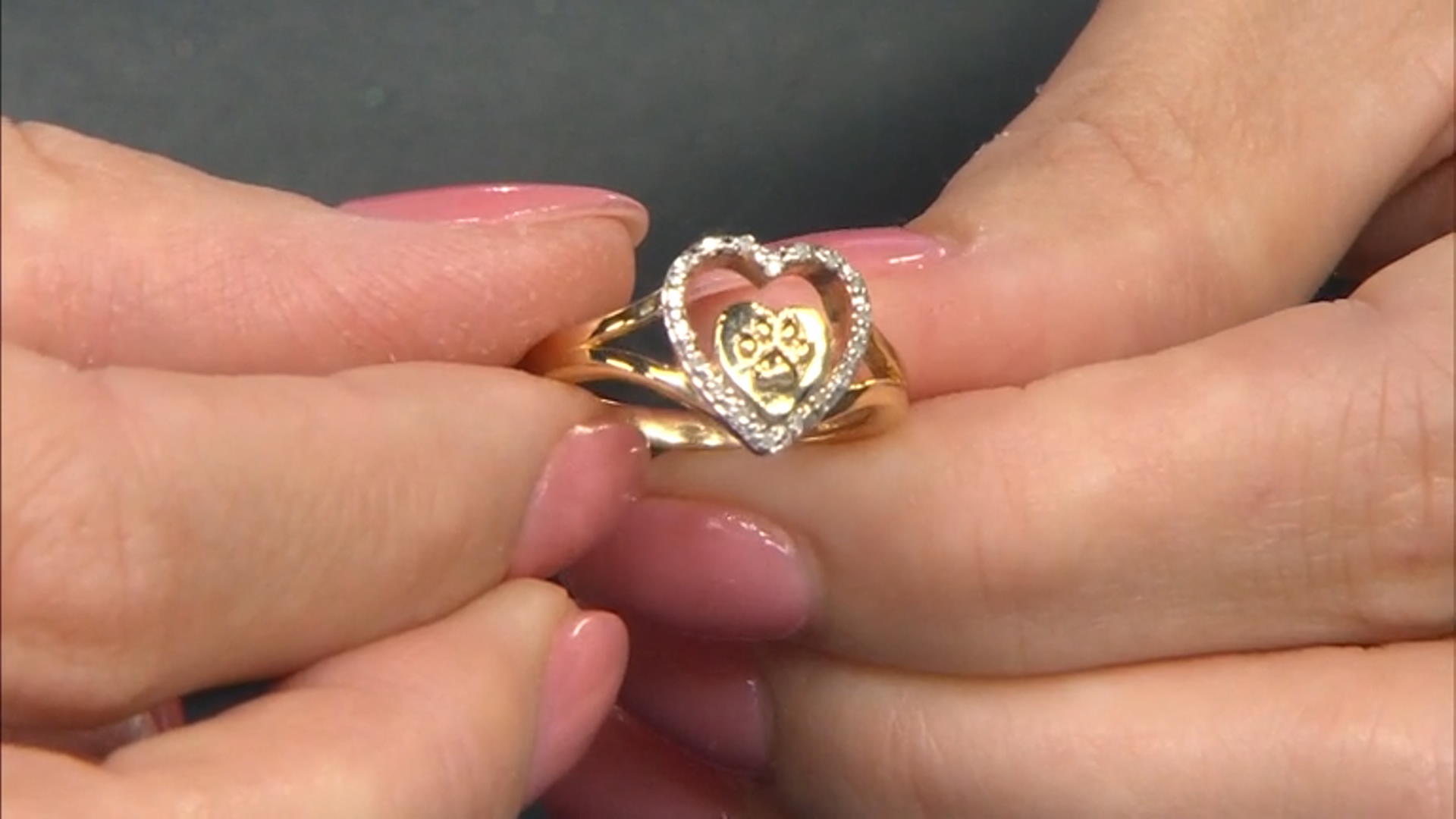 Diamond Accent 14k Yellow Gold Over Sterling Silver Paw Print And Heart Open Design Ring Video Thumbnail