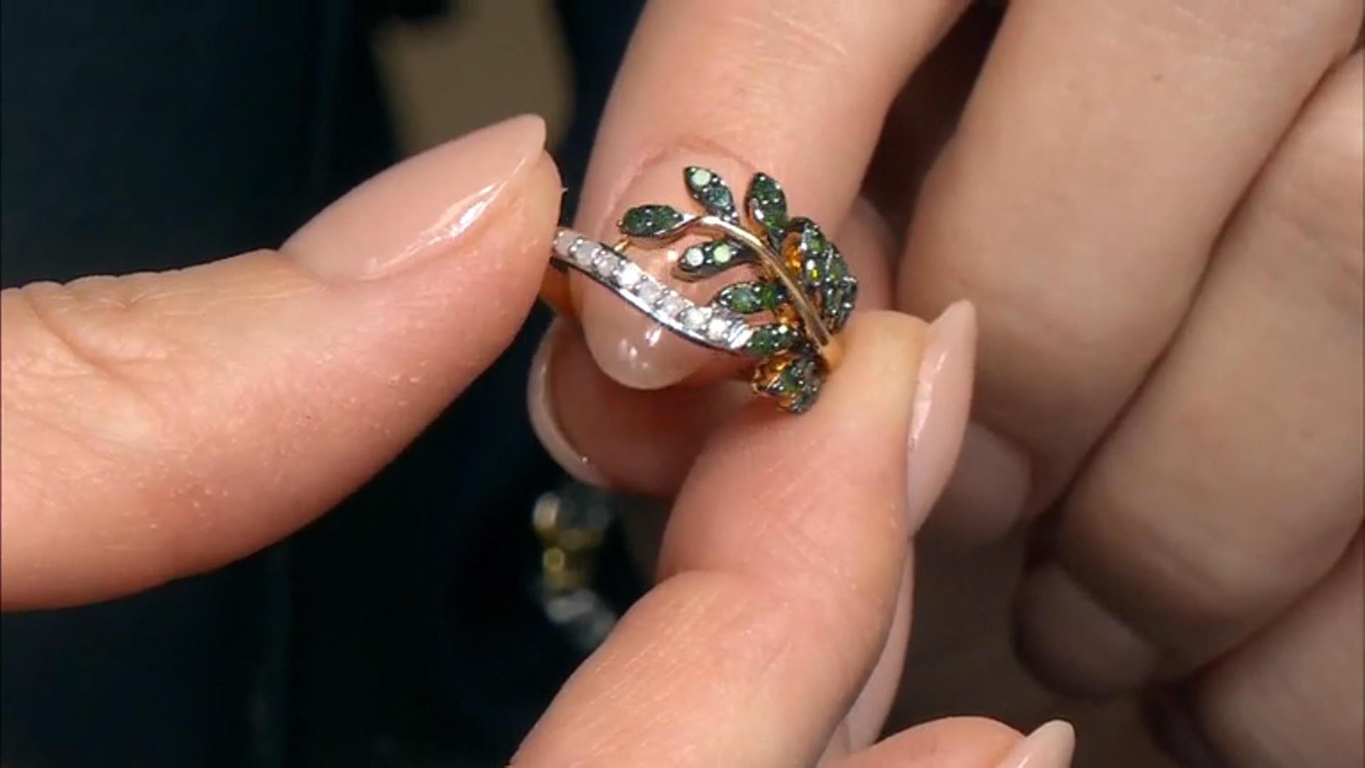 Green And White Diamond 14k Yellow Gold Over Sterling Silver Leaf Bypass Ring 0.35ctw Video Thumbnail