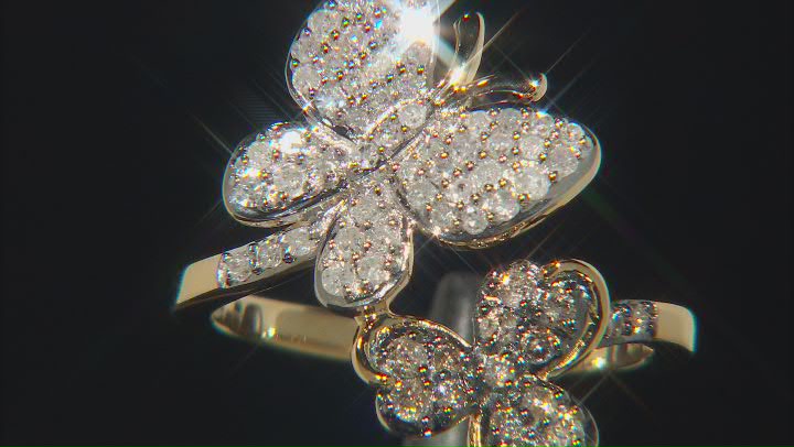 White & Champagne Diamond 14k Yellow Gold Over Sterling Silver Butterfly & Clover Bypass Ring .55ctw Video Thumbnail