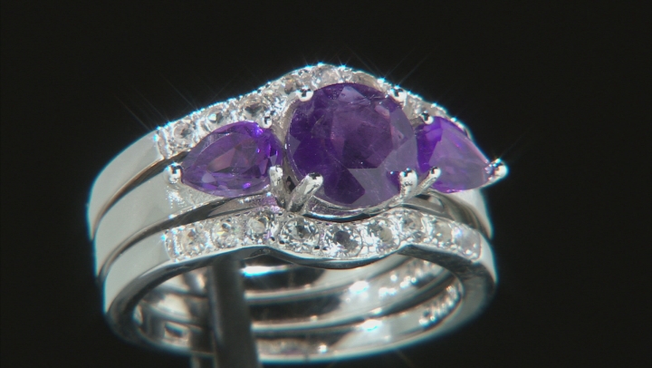 Purple amethyst rhodium over silver 3-ring set. 2.36ctw Video Thumbnail