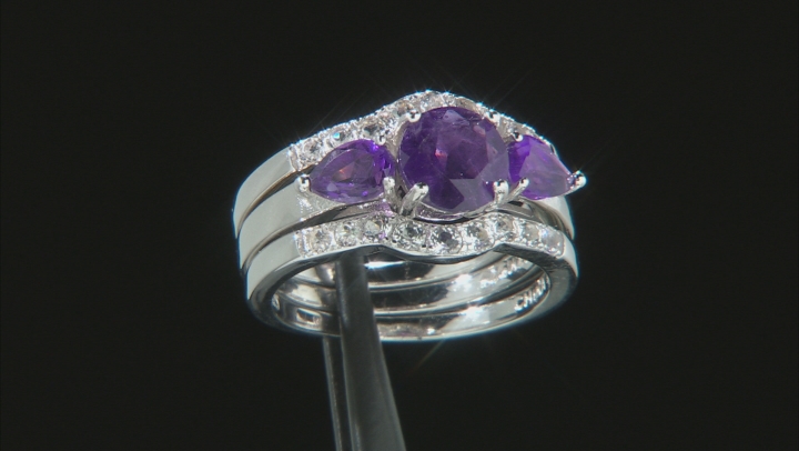 Purple amethyst rhodium over silver 3-ring set. 2.36ctw Video Thumbnail