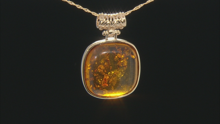 Orange Amber 18k Yellow Gold Over Sterling Silver Pendant With Chain Video Thumbnail