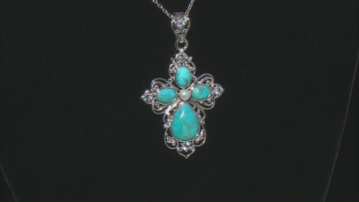 Blue Turquoise Rhodium Over Sterling Silver Cross Pendant With Chain Video Thumbnail