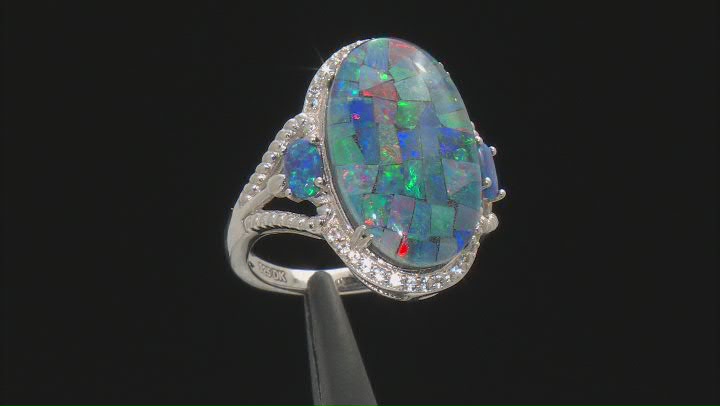 Multicolor Mosaic Opal Triplet Rhodium Over Sterling Silver Ring 0.11ctw Video Thumbnail