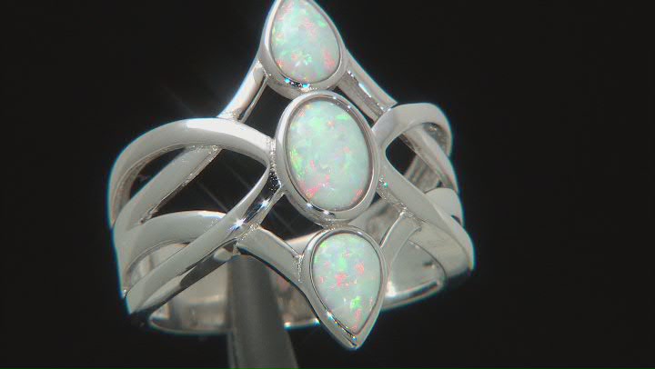 Multi Color Lab Created Opal Rhodium Over Sterling Silver 3-Stone Ring 7x5mm Video Thumbnail