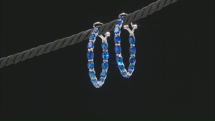 Blue Lab Created Spinel Rhodium Over Sterling Silver Hoop Earrings 10.00ctw Video Thumbnail