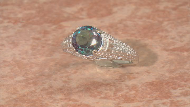 Teal lab created alexandrite rhodium over sterling silver solitaire ring 1.96ct Video Thumbnail