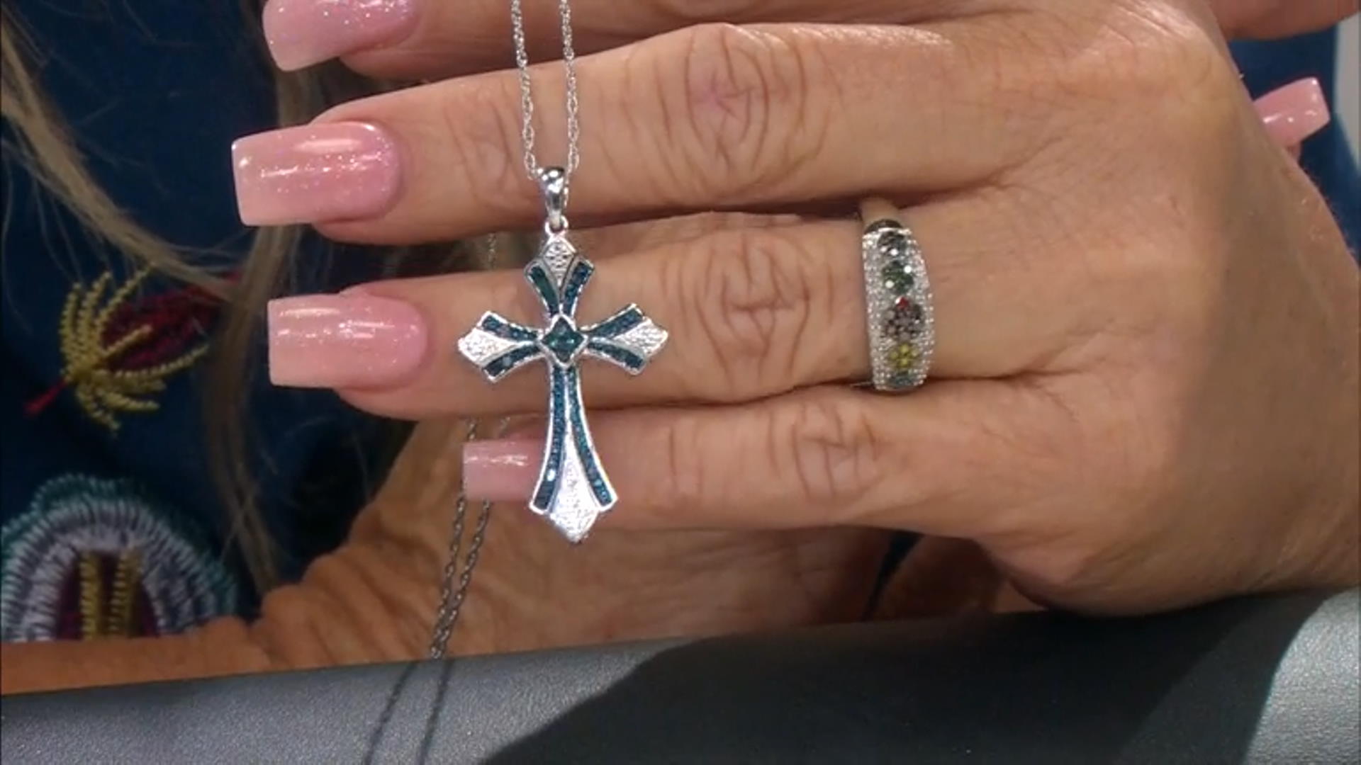 Blue Diamond Rhodium Over Sterling Silver Cross Pendant With 18" Rope Chain 0.14ctw Video Thumbnail