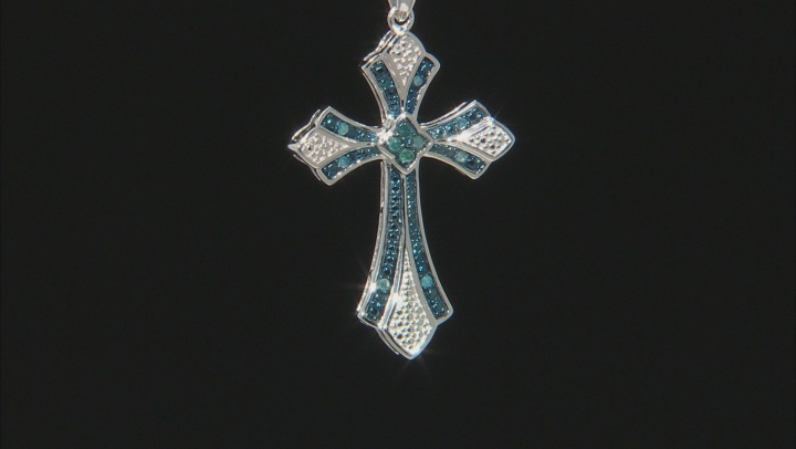 Blue Diamond Rhodium Over Sterling Silver Cross Pendant With 18" Singapore Chain 0.14ctw Video Thumbnail